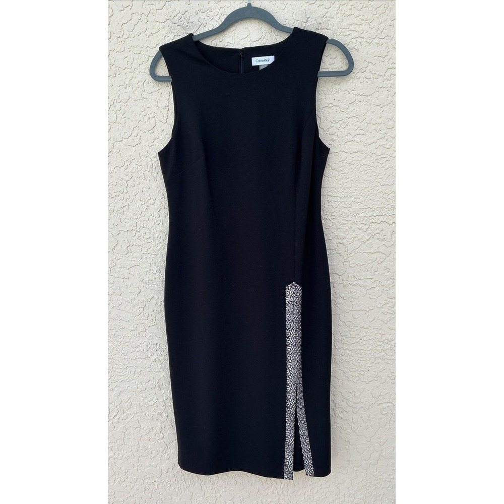 Calvin Klein Black Sheath Dress 10 Rhinestone Slit Sleeveless Cocktail Party
